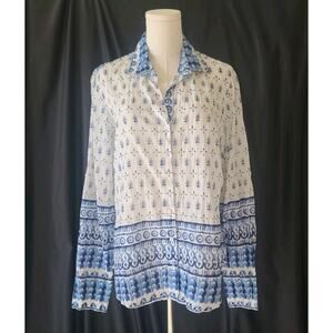 Cino Womens Blue White Geometric Button Up Shirt Medium